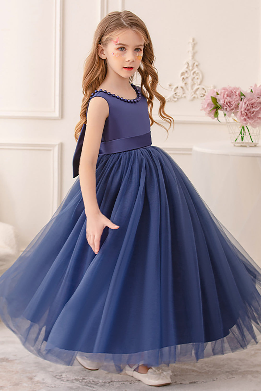 Branco A Line Sleeveless Bowknot Flor Menina Vestido Com Pérolas