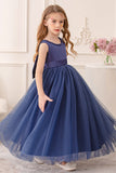 Branco A Line Sleeveless Bowknot Flor Menina Vestido Com Pérolas