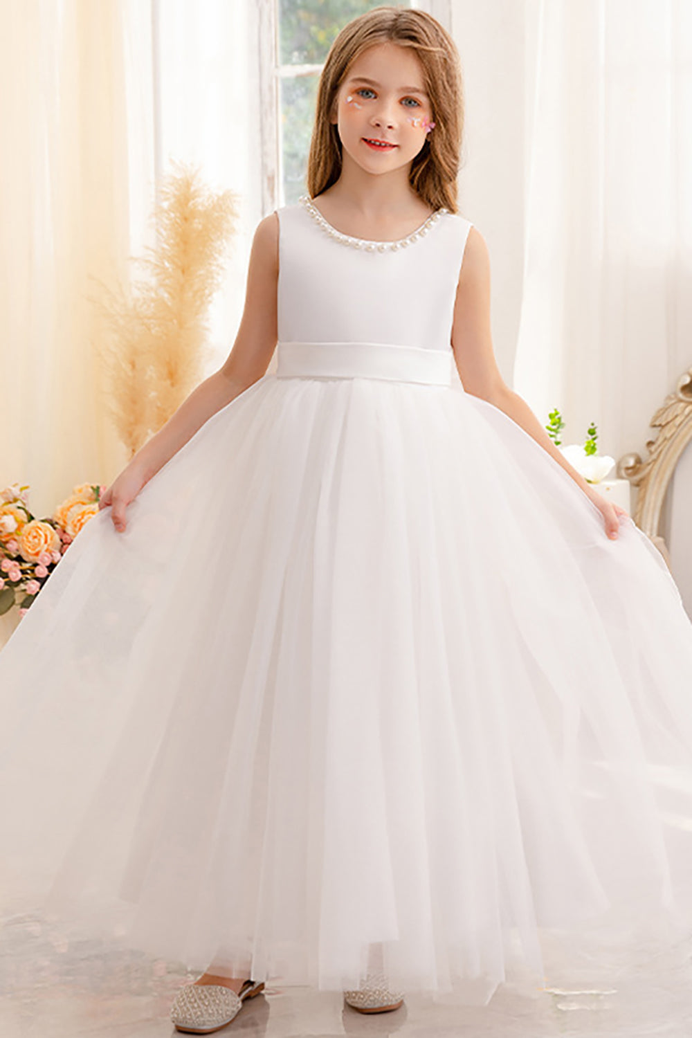 Branco A Line Sleeveless Bowknot Flor Menina Vestido Com Pérolas