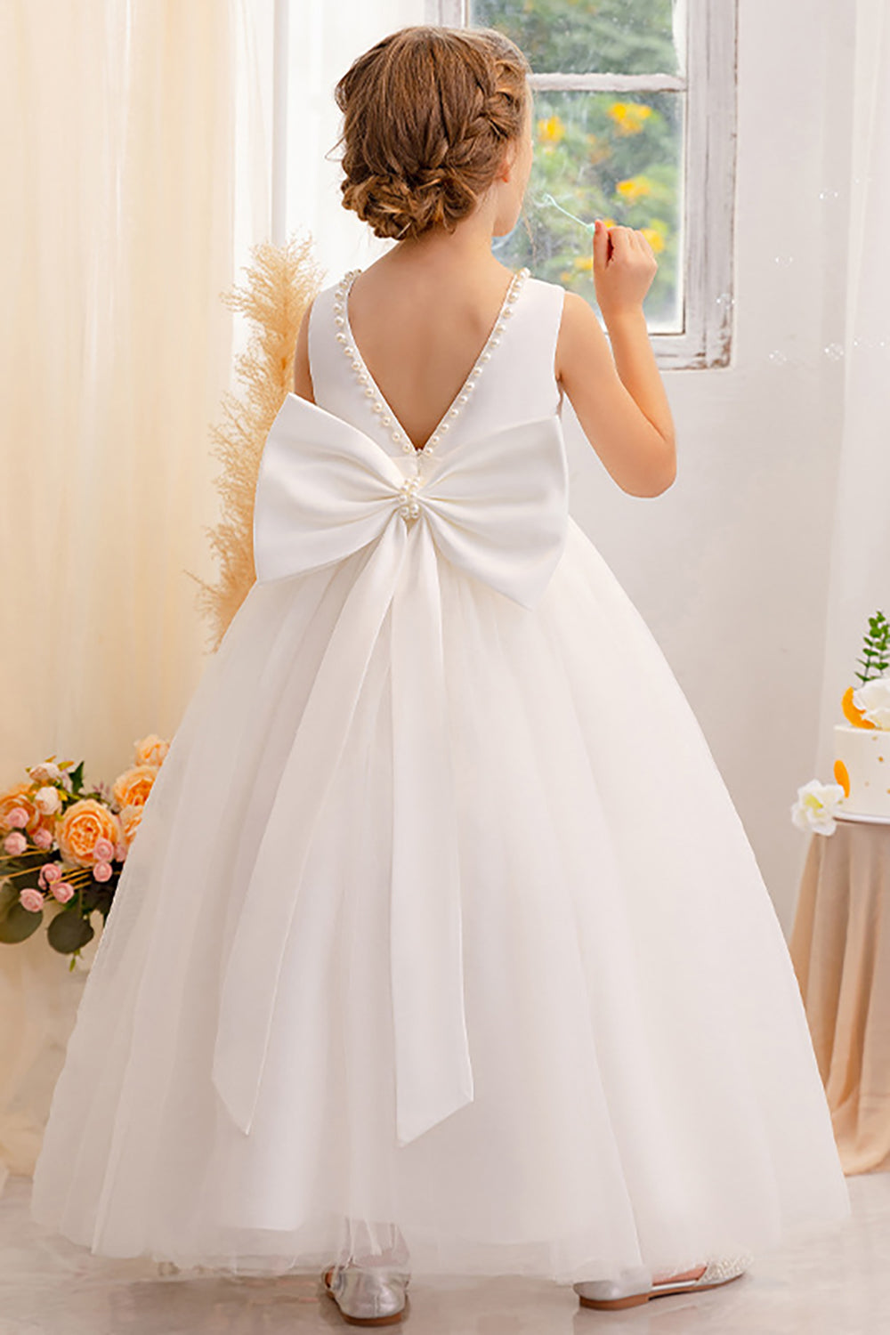 Branco A Line Sleeveless Bowknot Flor Menina Vestido Com Pérolas