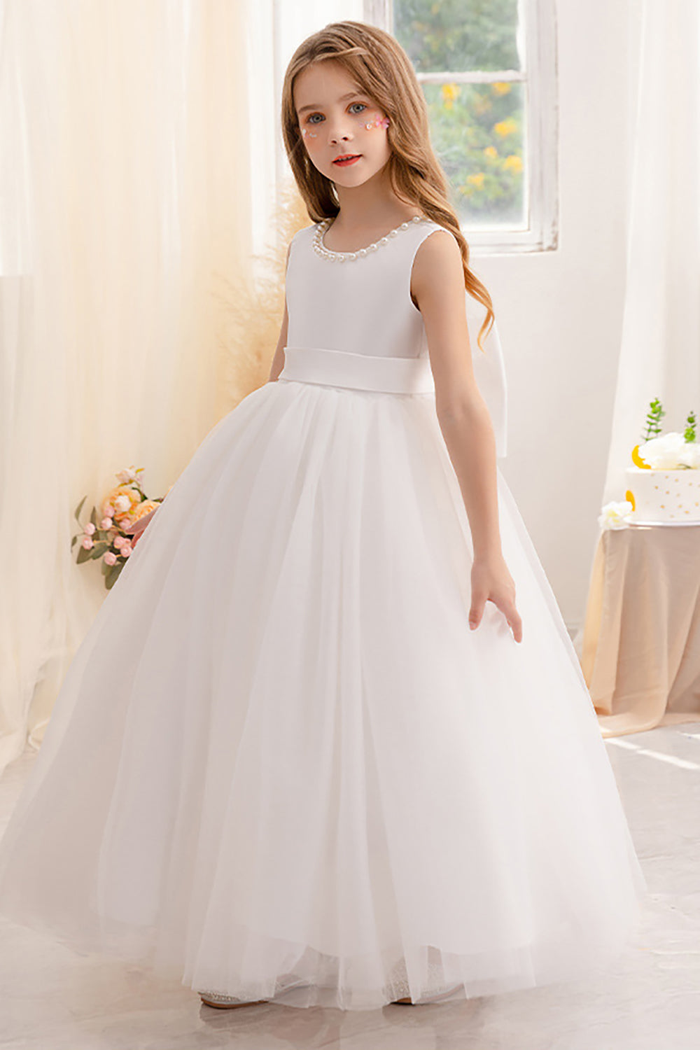 Branco A Line Sleeveless Bowknot Flor Menina Vestido Com Pérolas