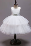 Vestido branco A-Line Tiered Flower Girl com renda
