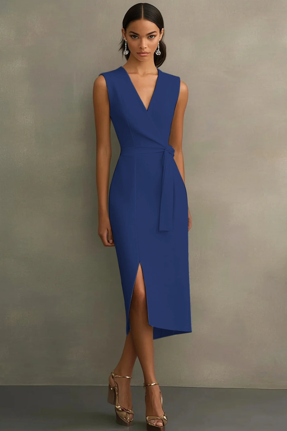 Cetim Branco Decote em V Midi Vestidos Cerimónia com Cinto