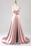 Vestido de Cerimônia de Cetim Rosa Empoeirado com Alças Finas em Linha A