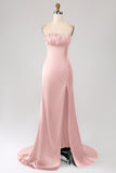 Vestido de cerimônia de cetim com alças finas sereia rosa empoeirado