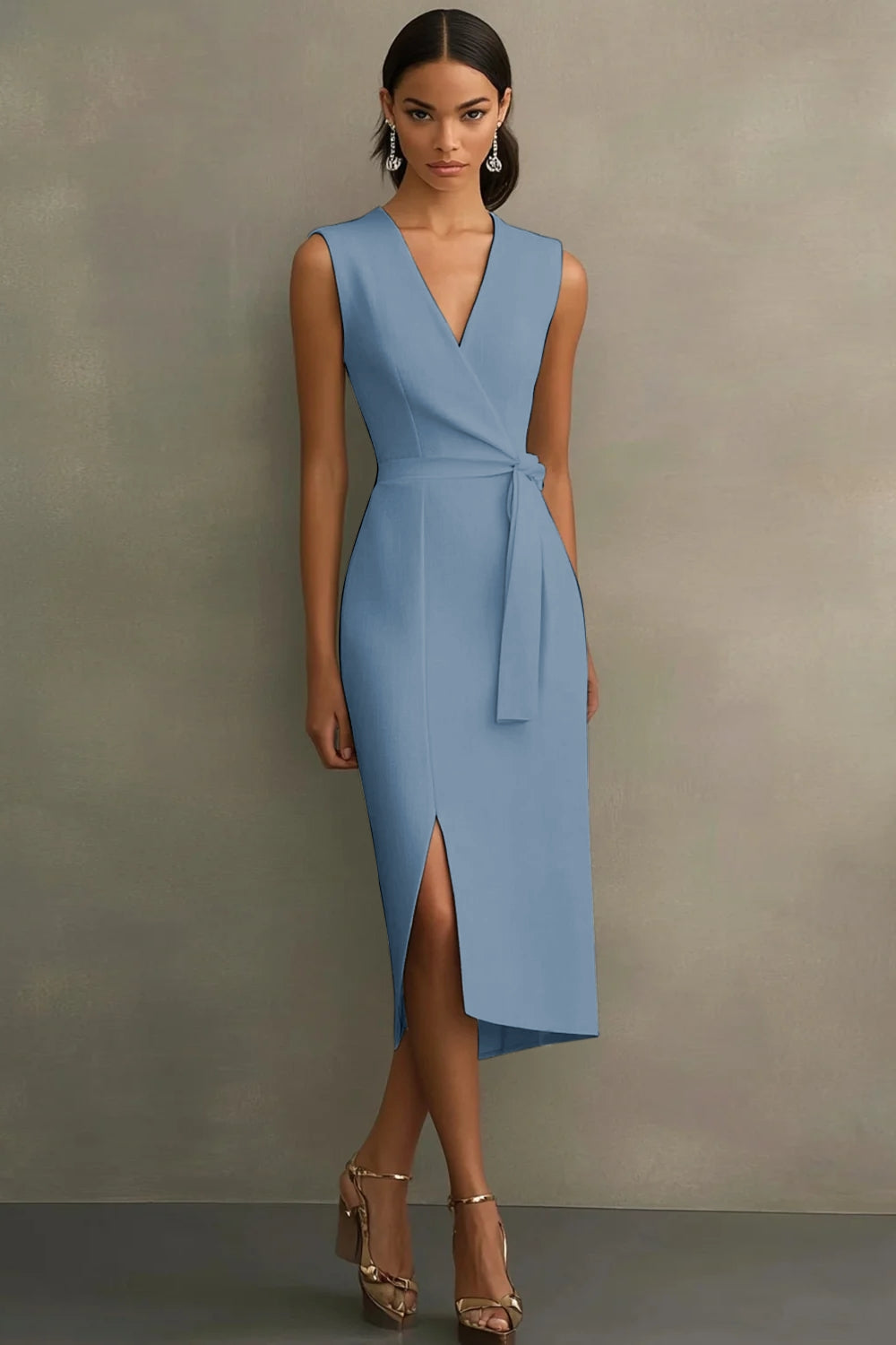 Cetim Branco Decote em V Midi Vestidos Cerimónia com Cinto