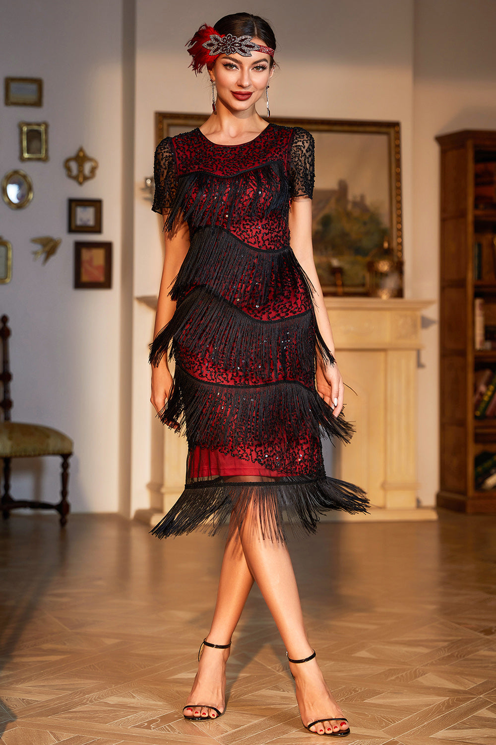 Preto Vermelho 1920s Vestido Mangas Curtas