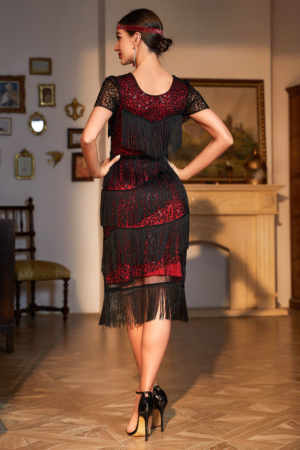 Preto Vermelho 1920s Vestido Mangas Curtas