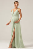 A-Line plissado Chiffon Long Dusty Sage Vestido de dama de honra