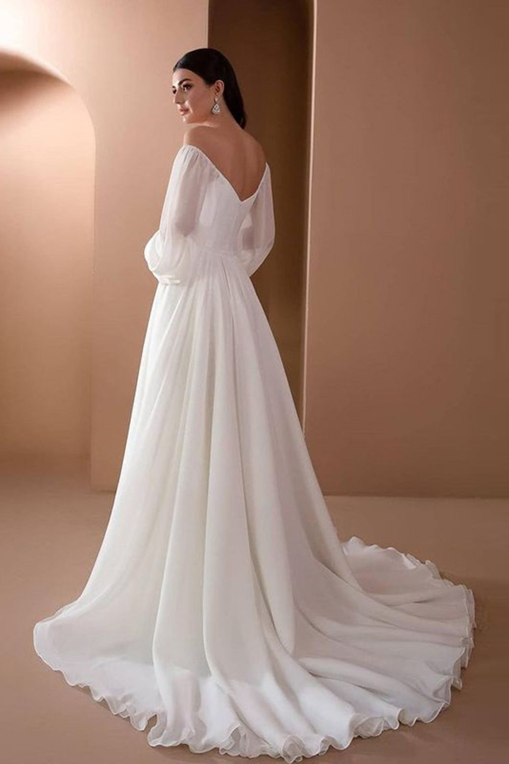 Branco fora do ombro mangas compridas A-line vestido de festa de casamento