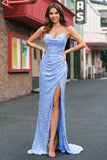 Brilhante Azul Claro Sereia Longo Vestido De Baile com Fenda