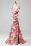 Blush brilhante lantejoulas sereia longo vestido de baile com fenda