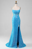 Esparguete Correias Azul Brilhante Corset Prom Dress com Fenda