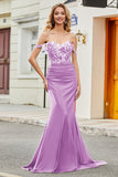 Vestido longo de cerimônia lilás sereia com apliques