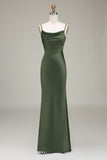 Oliva Espaghetti Correias Cetim Sheath Long Vestido Madrinha
