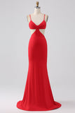 Esparguete Correias Sereia Backless Vestido Vermelho Prom