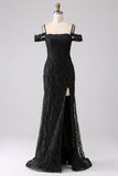 Sereia Preta Ombro Frio Vestido Longo Baile de Formatura com Fenda