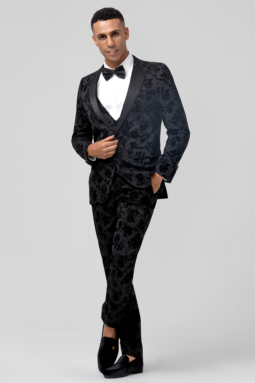 Pico Lapela Preto Jacquard 3 Peça Um Botão Masculino Prom Suits