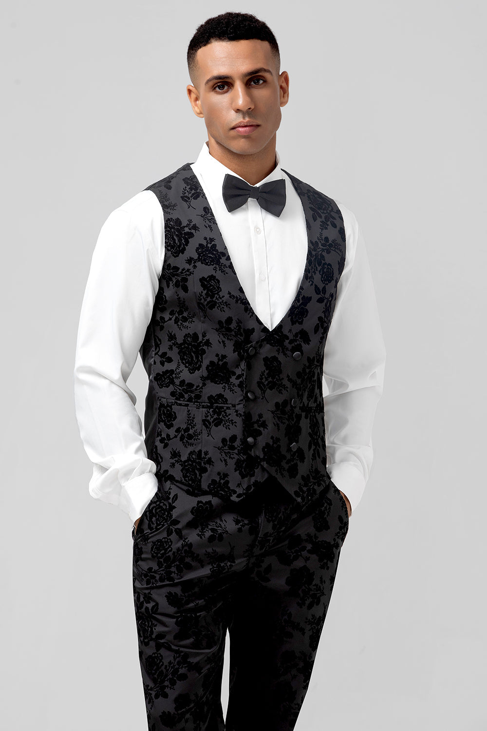 Pico Lapela Preto Jacquard 3 Peça Um Botão Masculino Prom Suits
