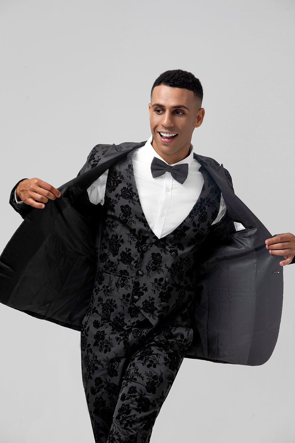 Pico Lapela Preto Jacquard 3 Peça Um Botão Masculino Prom Suits