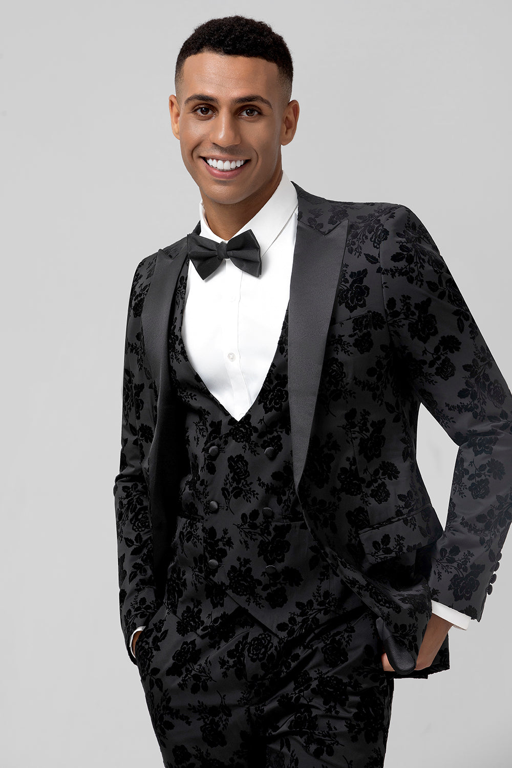 Pico Lapela Preto Jacquard 3 Peça Um Botão Masculino Prom Suits