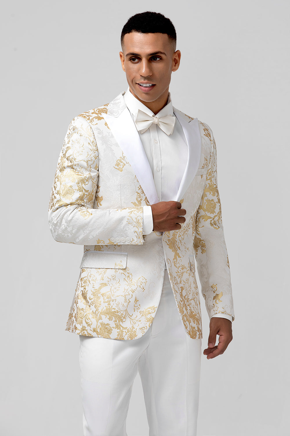 Champagne 2 Piece Pico Lapela Um Botão Jacquard Masculino Prom Suits