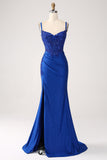 Glitter Royal Blue Sereia Espaghetti Straps Long Prom Dress com Apliques