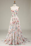 Vestidos de Noiva Marfim Tule Sem Alças Linha-A Longo Floral