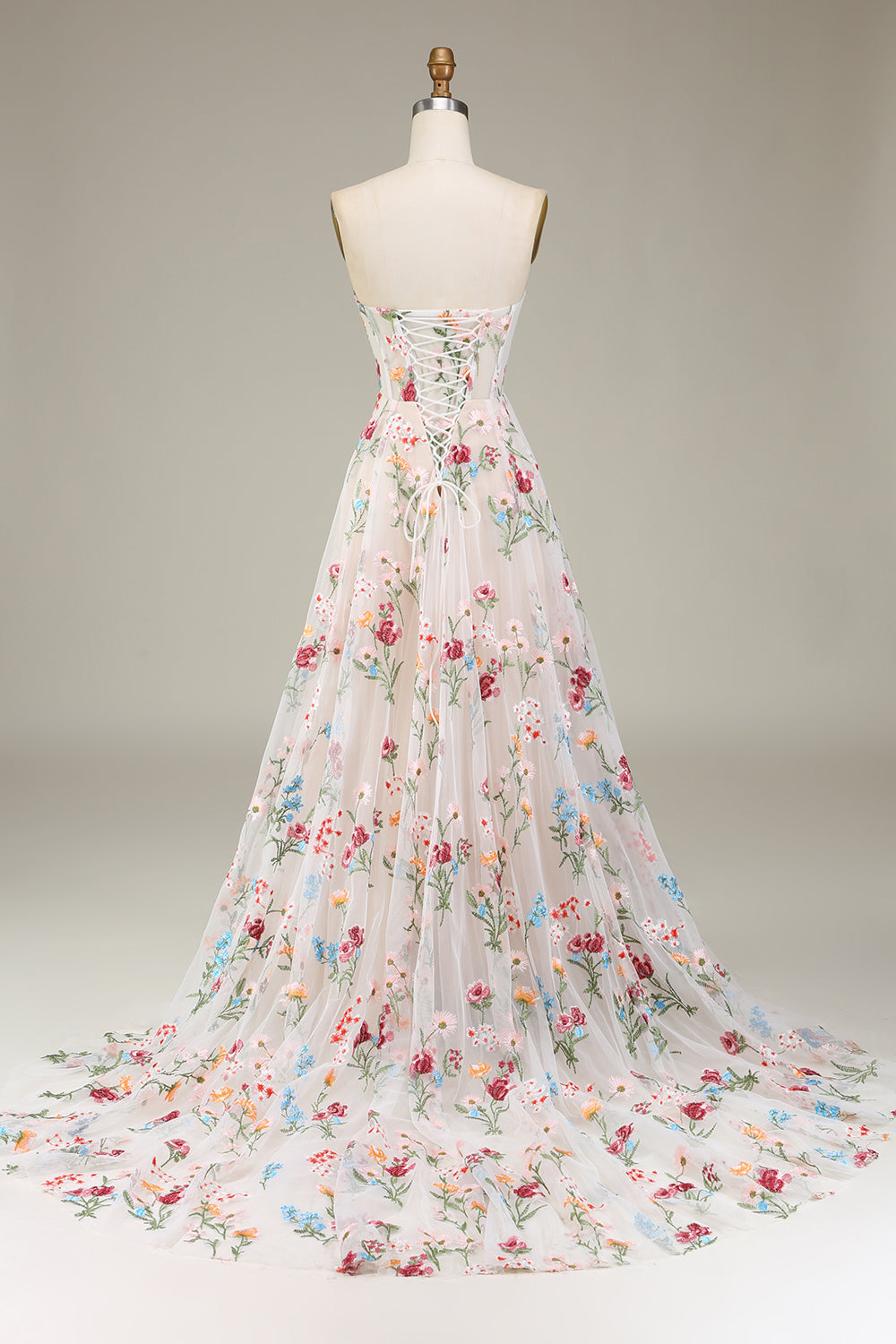 Vestidos de Noiva Marfim Tule Sem Alças Linha-A Longo Floral