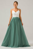 Eucalipto Open Back Boho Chiffon Vestido Longo Madrinha com Renda