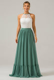 Eucalipto Keyhole Boho Chiffon Long Vestido de Madrinha com Renda
