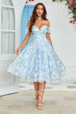 Fora do Ombro Estampado Vestido de Cocktail Azul