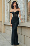 Glitter Off the Shoulder Sereia Preta Vestido Longo Baile de Formatura