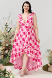 Alto Baixo Rosa Flor Vestido de Dama de Honor Estampado