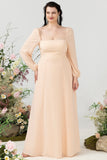 Pescoço Quadrado Pêssego Vestido de Dama de Honor
