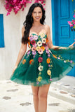 Verde Escuro Sem Cintas Vestido de Cocktail Com Flores 3D