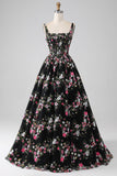 Charmoso A Line Square Neck Preto Corset Prom Dress com Appliques