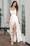 Vestido de festa de noivado simples branco babado Chiffon Corset com fenda