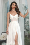 Vestido de festa de noivado simples branco babado Chiffon Corset com fenda