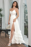 Vestido de festa de noivado simples branco babado Chiffon Corset com fenda