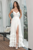 Vestido de festa de noivado simples branco babado Chiffon Corset com fenda