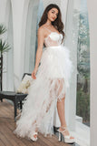 Vestido de festa de noivado branco alto baixo babado com renda