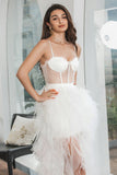 Vestido de festa de noivado branco alto baixo babado com renda