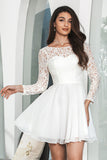 Branco Bateau mangas compridas sem costas vestido curto de formatura