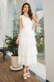 Vestido de festa de noivado longo branco de um ombro