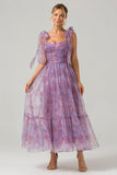 Roxo Uma linha plissado impresso chá - comprimento vestido de baile