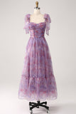 roxo impresso uma linha plissado longo vestido de baile