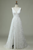 Marfim Renda V-Neck Vestido de Noiva com Fenda