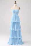 Vestido de baile azul céu sem alças com pregas