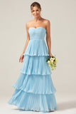 Sky Blue Sweetheart plissado Tiered Long Bridesmaid Dress